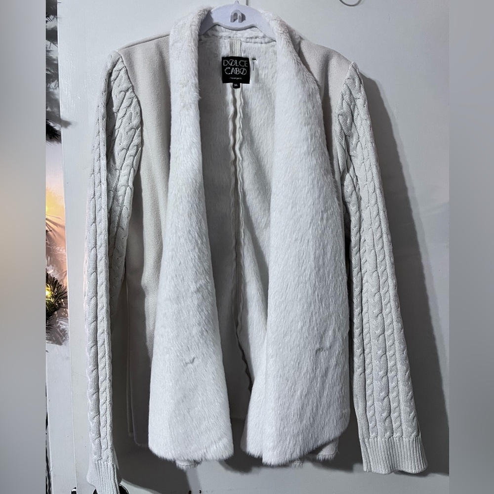 Dolce Cabo Faux Fur Cable Knit Sweater Jacket Cream color XL